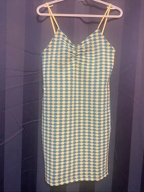 Blue and Cream Geometric Slip Mini Dress
